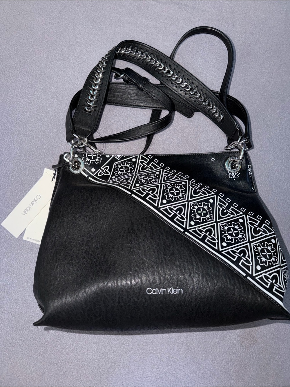 NWT Calvin Klein Black Shoulder Bag with Black-and-White Patterned Trim